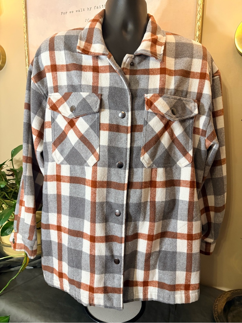 Plaid Utility Shacket Jacket in Gray, White & Brown